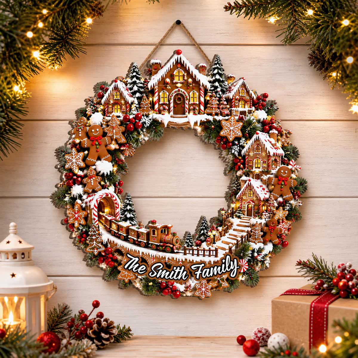 Gingerbread Christmas Wreath- Personalized Wooden Sign,  Gingerbread Village Door Hanger, Christmas Train Wreath, Gingerbread House Decor
