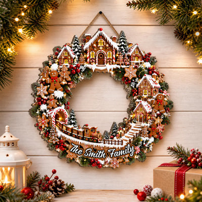 Gingerbread Christmas Wreath- Personalized Wooden Sign,  Gingerbread Village Door Hanger, Christmas Train Wreath, Gingerbread House Decor