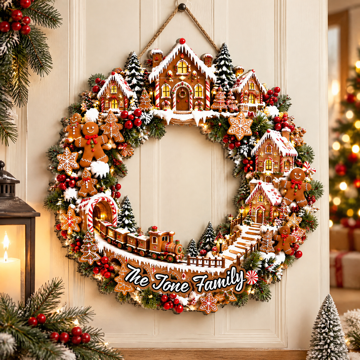 Gingerbread Christmas Wreath- Personalized Wooden Sign,  Gingerbread Village Door Hanger, Christmas Train Wreath, Gingerbread House Decor