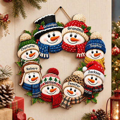 Snowman Family Chillin' Together - Personalized Wooden Sign, Snowman Wreath, Christmas Decor For Grandparents