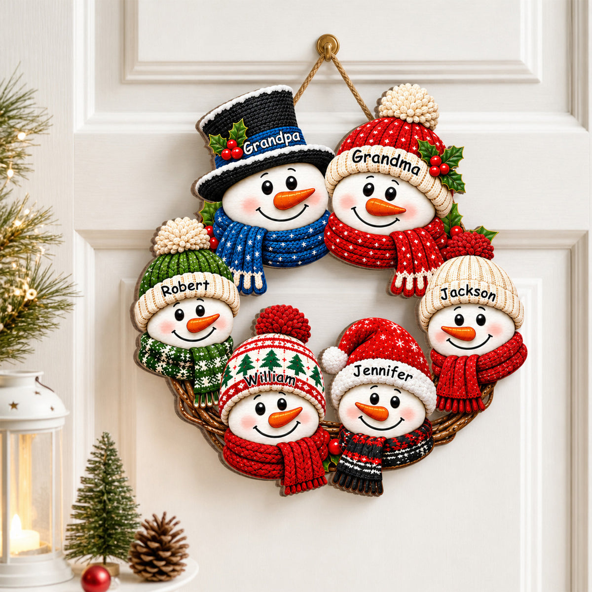 Snowman Family Chillin' Together - Personalized Wooden Sign, Snowman Wreath, Christmas Decor For Grandparents