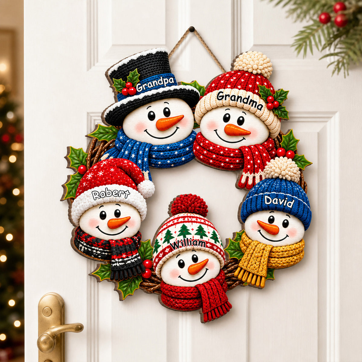 Snowman Family Chillin' Together - Personalized Wooden Sign, Snowman Wreath, Christmas Decor For Grandparents