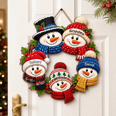 Snowman Family Chillin' Together - Personalized Wooden Sign, Snowman Wreath, Christmas Decor For Grandparents