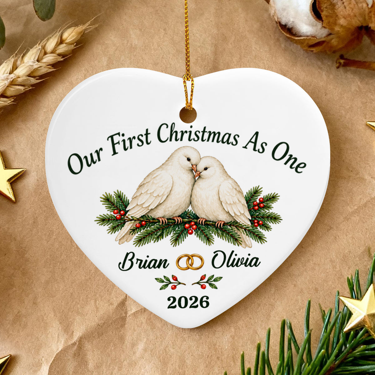 Our First Christmas As One- Personalized Ceramic Ornament, Custom Names And Year With Winter Doves, Christmas Gift for Couples