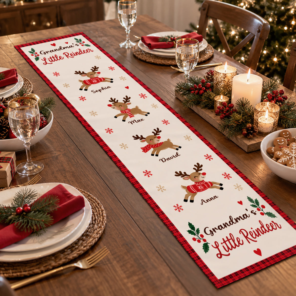 Grandma's Little Reindeer Christmas Personalized Table Runner, Custom Grandkids Names Holiday Table Decor, Cute Reindeer Family Dining Runner, Xmas Gift for Grandma