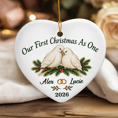 Our First Christmas As One- Personalized Ceramic Ornament, Custom Names And Year With Winter Doves, Christmas Gift for Couples
