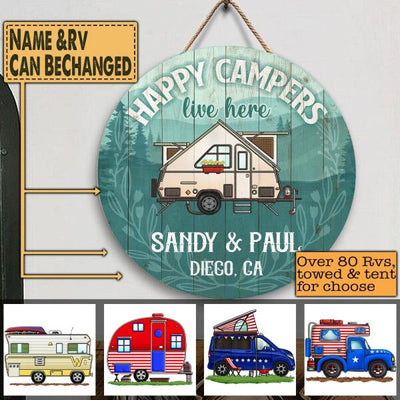 Happy Campers Live Here - Round Wooden Door Sign
