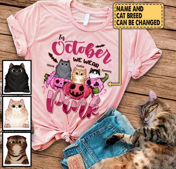 In October We Wear Pink Personalized with Cat - Personalized T-shirt