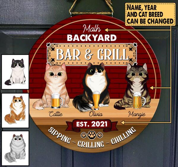 Personalized Backyard Bar & Grill With Cat - Personalized Wooden Doorsign
