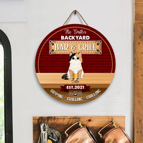 Personalized Backyard Bar & Grill With Cat - Personalized Wooden Doorsign