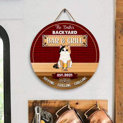 Personalized Backyard Bar & Grill With Cat - Personalized Wooden Doorsign