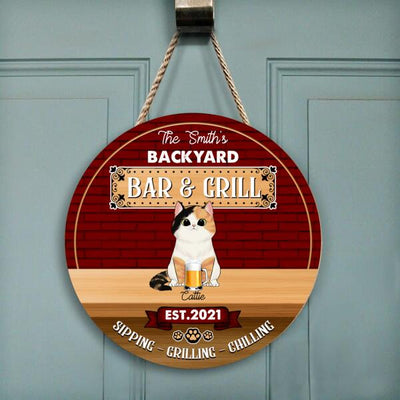 Personalized Backyard Bar & Grill With Cat - Personalized Wooden Doorsign