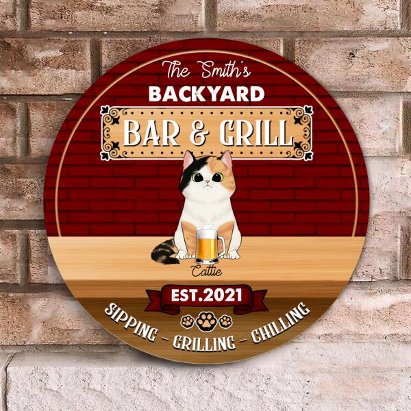 Personalized Backyard Bar & Grill With Cat - Personalized Wooden Doorsign
