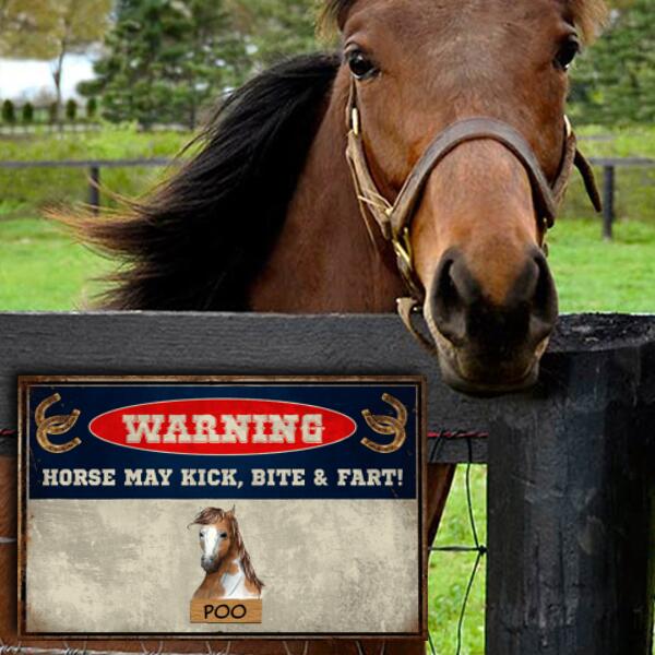 Warning, Horse May Kick, Bite & Fart !! - Personalized Metal sign