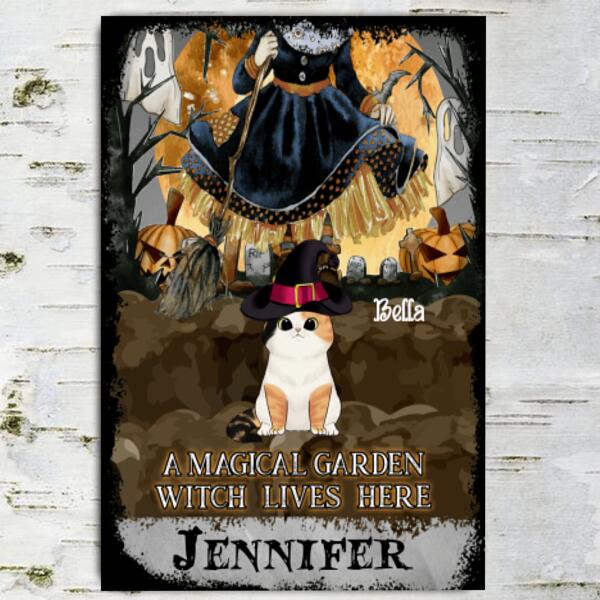 A Magical Garden Witch Lives Here With Cats Halloween Style - Personalized Metal Sign