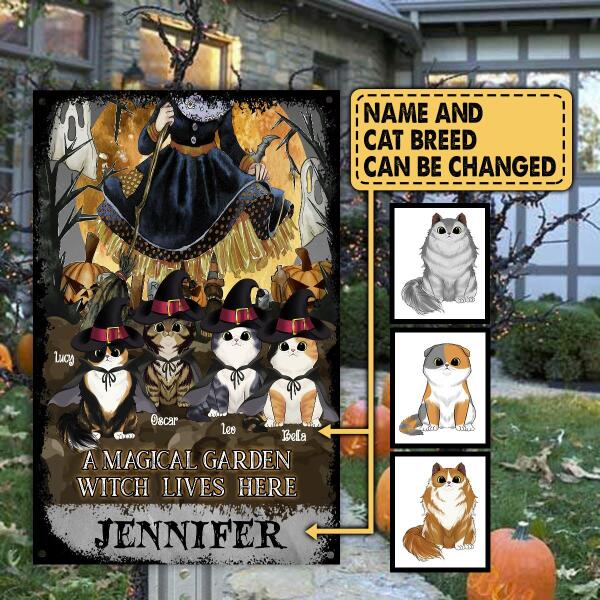 A Magical Garden Witch Lives Here With Cats Halloween Style - Personalized Metal Sign