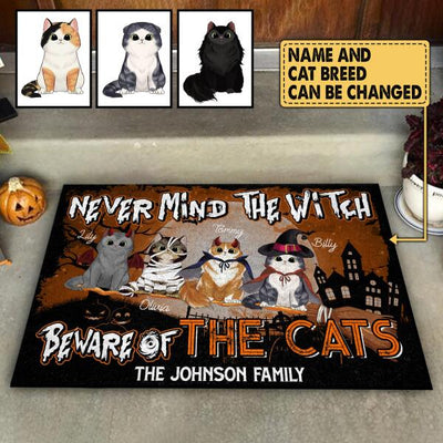 Never Mind The Witch Beware Of The Cat Halloween Style - Personalized Doormat