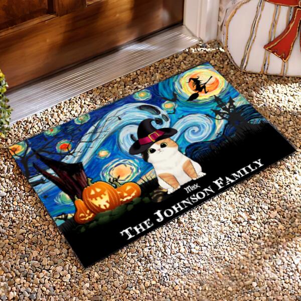 Starry Night Cat Halloween - Personalized Doormat