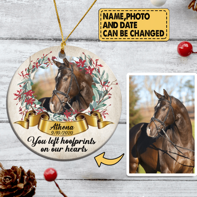 Custom Photo Gift, You Left Hoofprints On Our Hearts - Personalized Circle Ornament