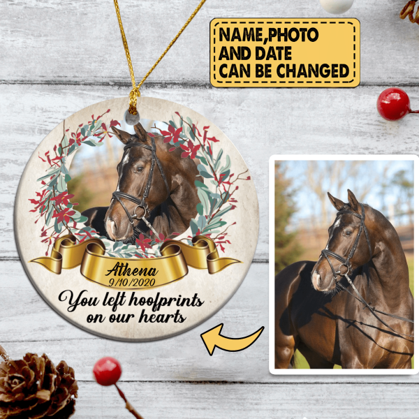 Custom Photo Gift, You Left Hoofprints On Our Hearts - Personalized Circle Ornament