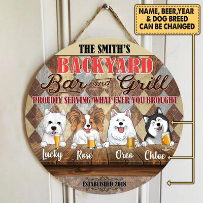 Personalized Backyard Bar And Grill, Customized Up To 4 Dogs - Personalized Wooden Doorsign