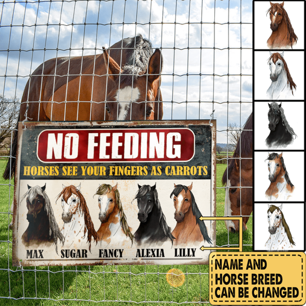 Funny Sign For Horse Lovers, No Feeding Horses See Your Fingers As Carrots - Personalized Metal Sign
