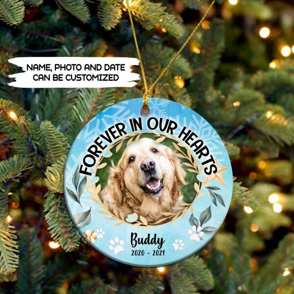 Forever In Our Hearts, Custom Pet Photo, Christmas Memorial Ornament - Personalized Round Ceramic Ornament