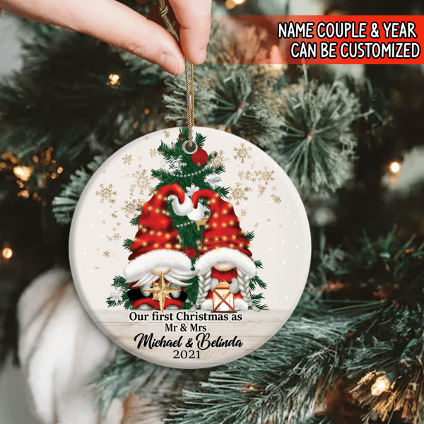 Our First Christmas As Mr & Mrs, Custom Gift Christmas - Personalized Round Ceramic Ornament