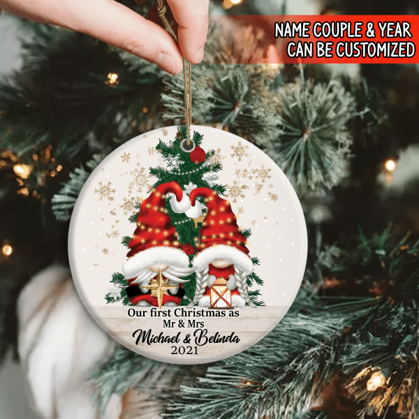 Our First Christmas As Mr &amp; Mrs, Custom Gift Christmas - Personalized Round Ceramic Ornament