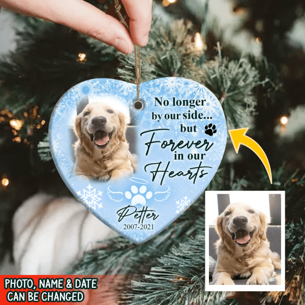 No Longer By Our Side But Forever In Our Hearts, Custom Gift Photo Christmas - Personalized Heart Ceramic Ornament