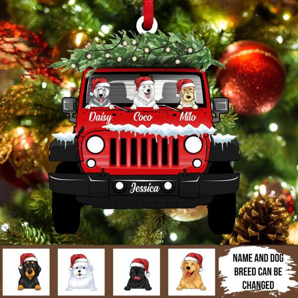 Custom Dog Christmas With Jeep - Personalized Wooden Ornament