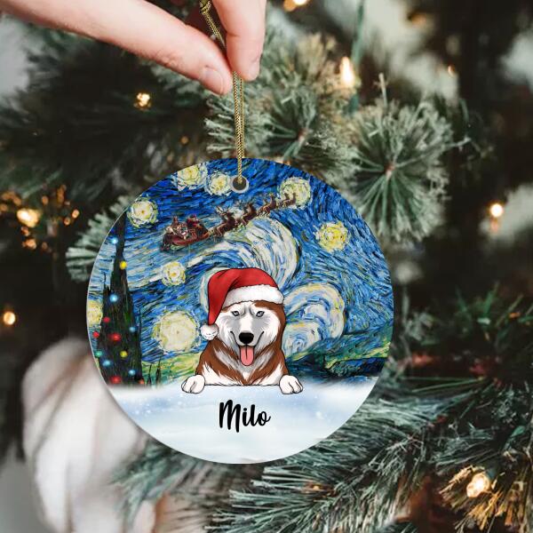 Starry Night, Customized Dog Christmas (PRINTED ON BOTH SIDE) - Round Ceramic Ornanment