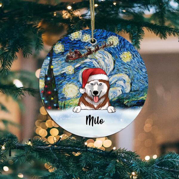 Starry Night, Customized Dog Christmas (PRINTED ON BOTH SIDE) - Round Ceramic Ornanment