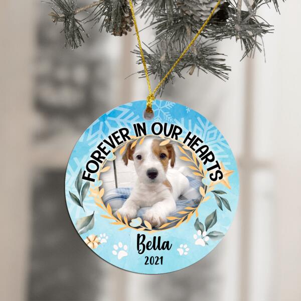 Forever In Our Hearts, Custom Pet Photo, Christmas Memorial Ornament - Personalized Round Ceramic Ornament