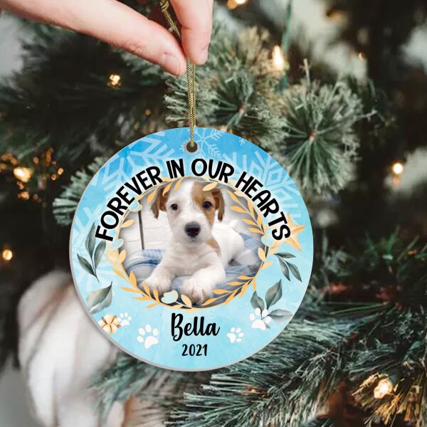 Forever In Our Hearts, Custom Pet Photo, Christmas Memorial Ornament - Personalized Round Ceramic Ornament