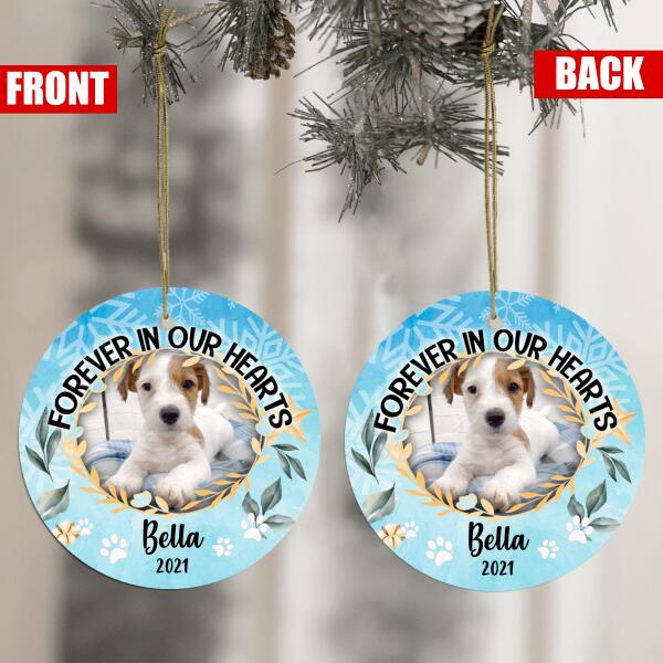 Forever In Our Hearts, Custom Pet Photo, Christmas Memorial Ornament - Personalized Round Ceramic Ornament