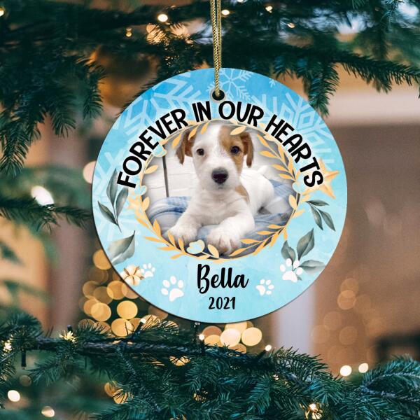Forever In Our Hearts, Custom Pet Photo, Christmas Memorial Ornament - Personalized Round Ceramic Ornament