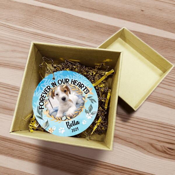 Forever In Our Hearts, Custom Pet Photo, Christmas Memorial Ornament - Personalized Round Ceramic Ornament