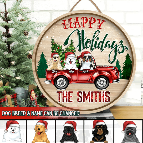 Happy Holidays, Personalized Dog Christmas, Wooden Round Door Sign
