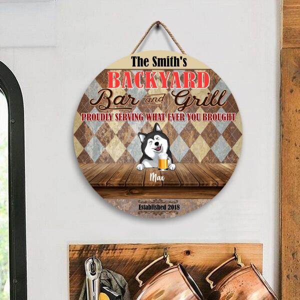 Personalized Backyard Bar And Grill, Customized Up To 4 Dogs - Personalized Wooden Doorsign