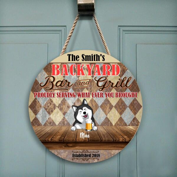 Personalized Backyard Bar And Grill, Customized Up To 4 Dogs - Personalized Wooden Doorsign