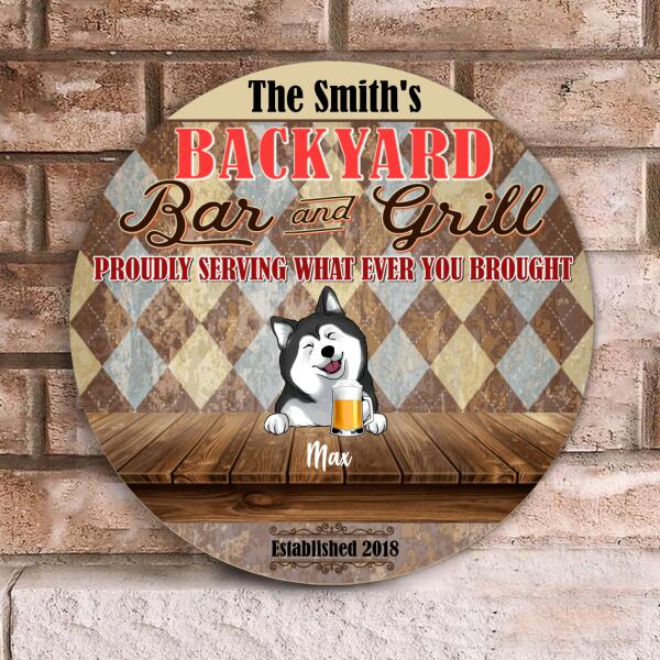 Personalized Backyard Bar And Grill, Customized Up To 4 Dogs - Personalized Wooden Doorsign