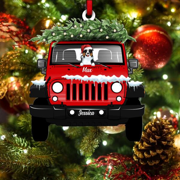 Custom Dog Christmas With Jeep - Personalized Wooden Ornament