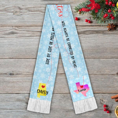 Side By Side Or Miles Apart, Sisters Will Always Be Connected By Heart, Personalized Long Distance  Wool Scarf, Custom Christmas Gift
