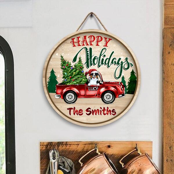 Happy Holidays, Personalized Dog Christmas, Wooden Round Door Sign