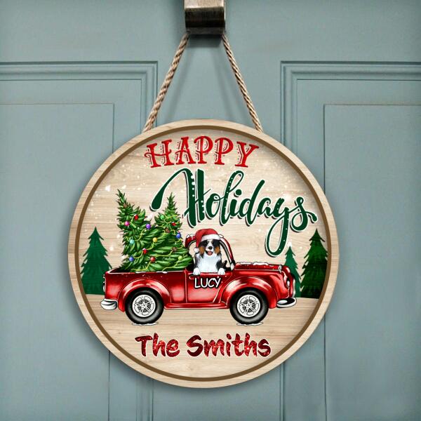 Happy Holidays, Personalized Dog Christmas, Wooden Round Door Sign