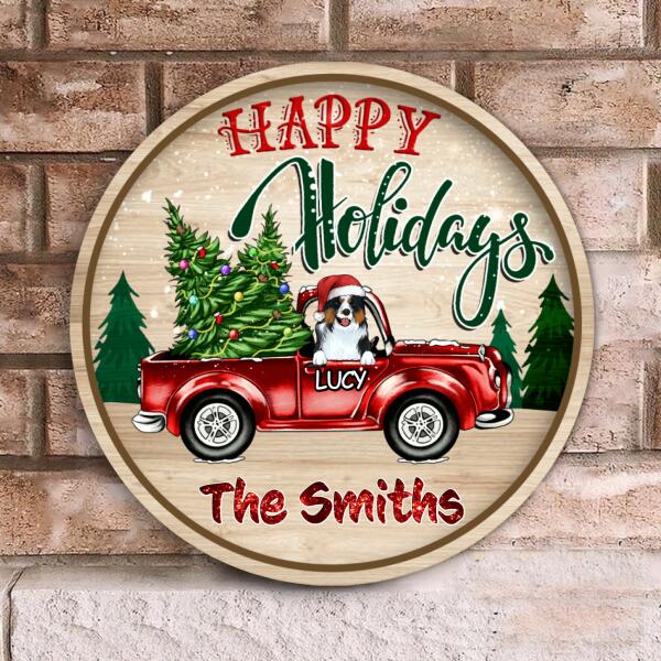 Happy Holidays, Personalized Dog Christmas, Wooden Round Door Sign
