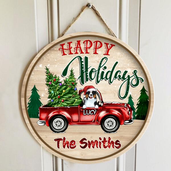 Happy Holidays, Personalized Dog Christmas, Wooden Round Door Sign