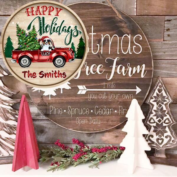 Happy Holidays, Personalized Dog Christmas, Wooden Round Door Sign