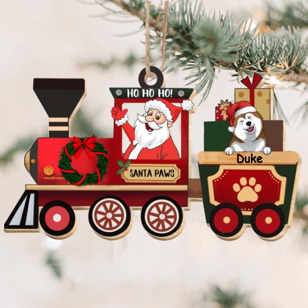 Personalized! Santa Paws Train With Dogs Wood Ornament, Custom Shaped Christmas Ornament